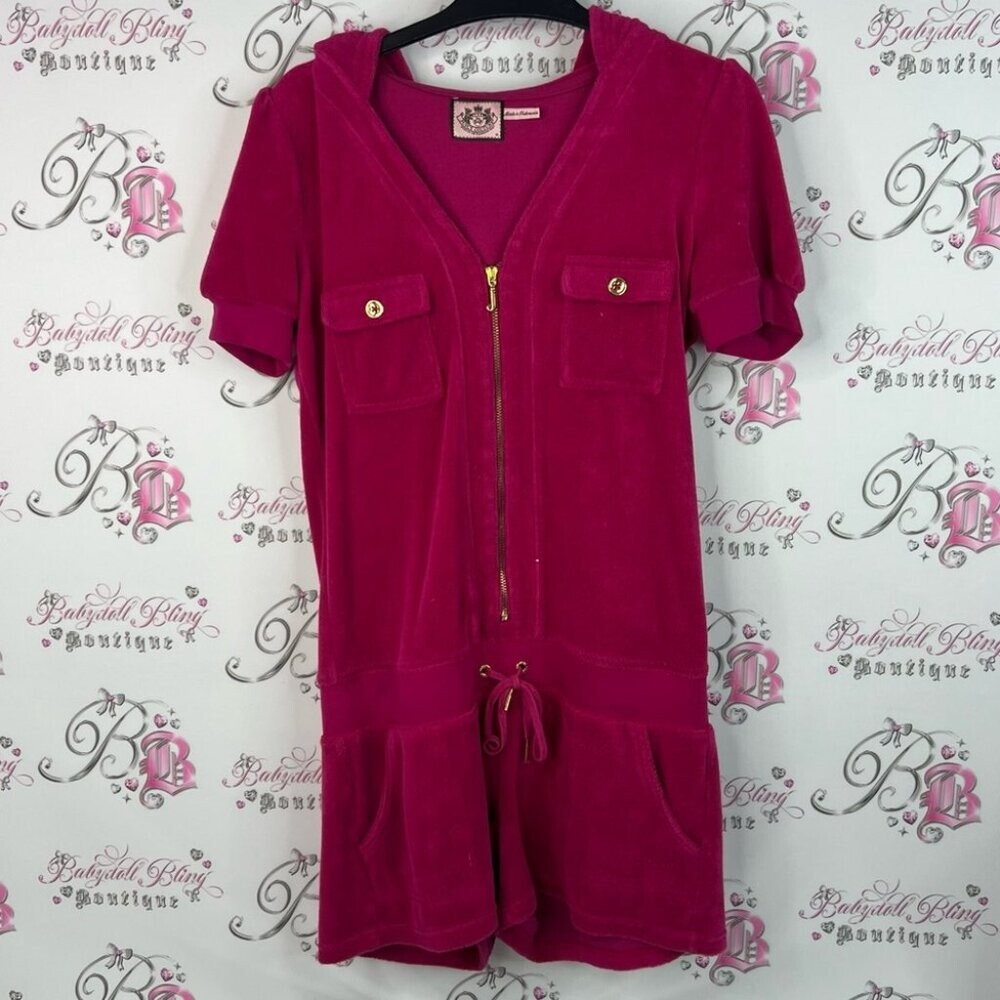 Juicy Couture romper pockets waist tie pink gold Fuchsia Hooded Romper